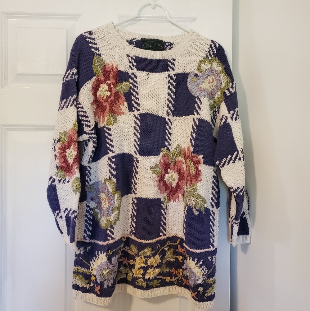 Hand Knit Cullinane Floral Checkered Cottage Grandma Sweater Ramie & Cotton